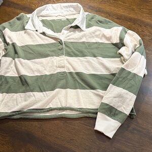 Aerie Brand Green and White Striped Half Cut Rugby Shirt